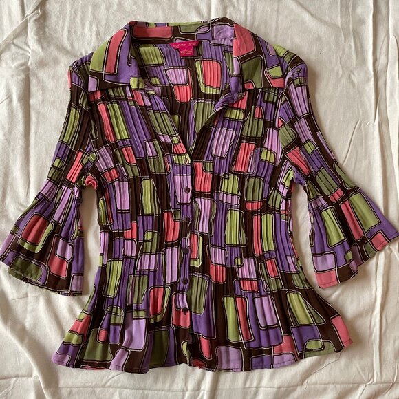 Retro Geometric Square Pleated Blouse 3/4 Bell Sleeves - Picture 5 of 12